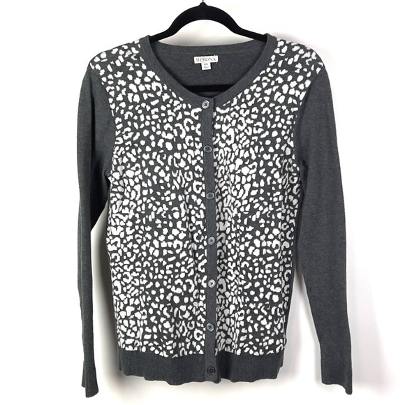 Merona Womans Gray Animal Print Button Front Long Sleeve Cardigan Sweater - Picture 1 of 4